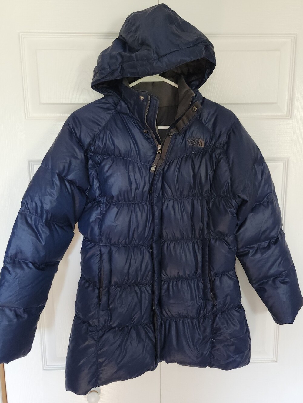 North Face Navy Hooded 550 Down Puffer Zip Parka '2012 Girl Size XL-18 Womens XS